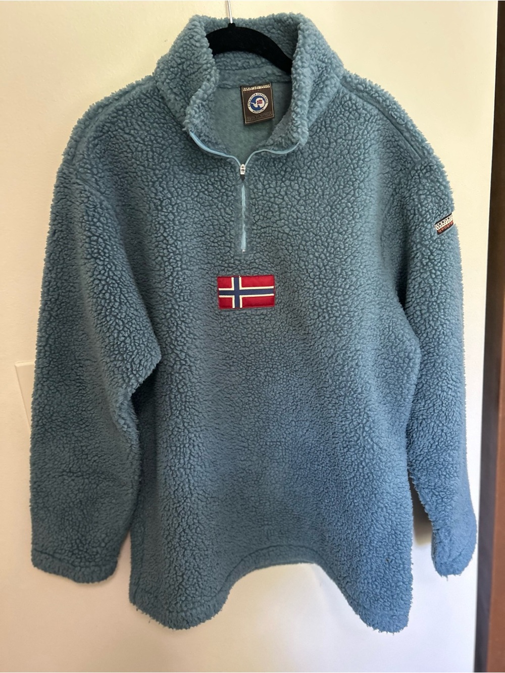 Napapijri Blue Sherpa Half-Zip Fleece with Norwegian Flag Patch